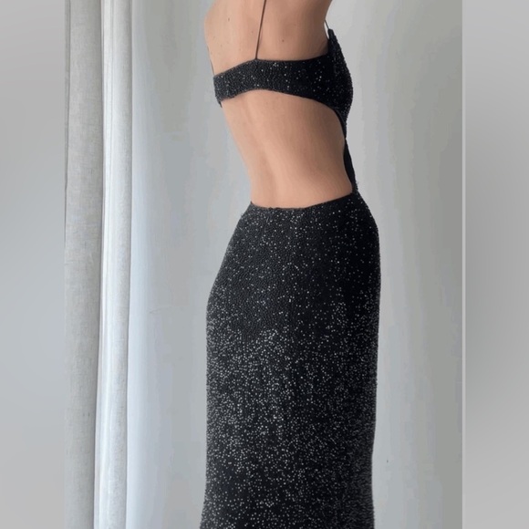 Vintage 90’s 100% Silk Beaded Dress Silk Dress Backless Gown Prom Black Cher - Picture 3 of 16